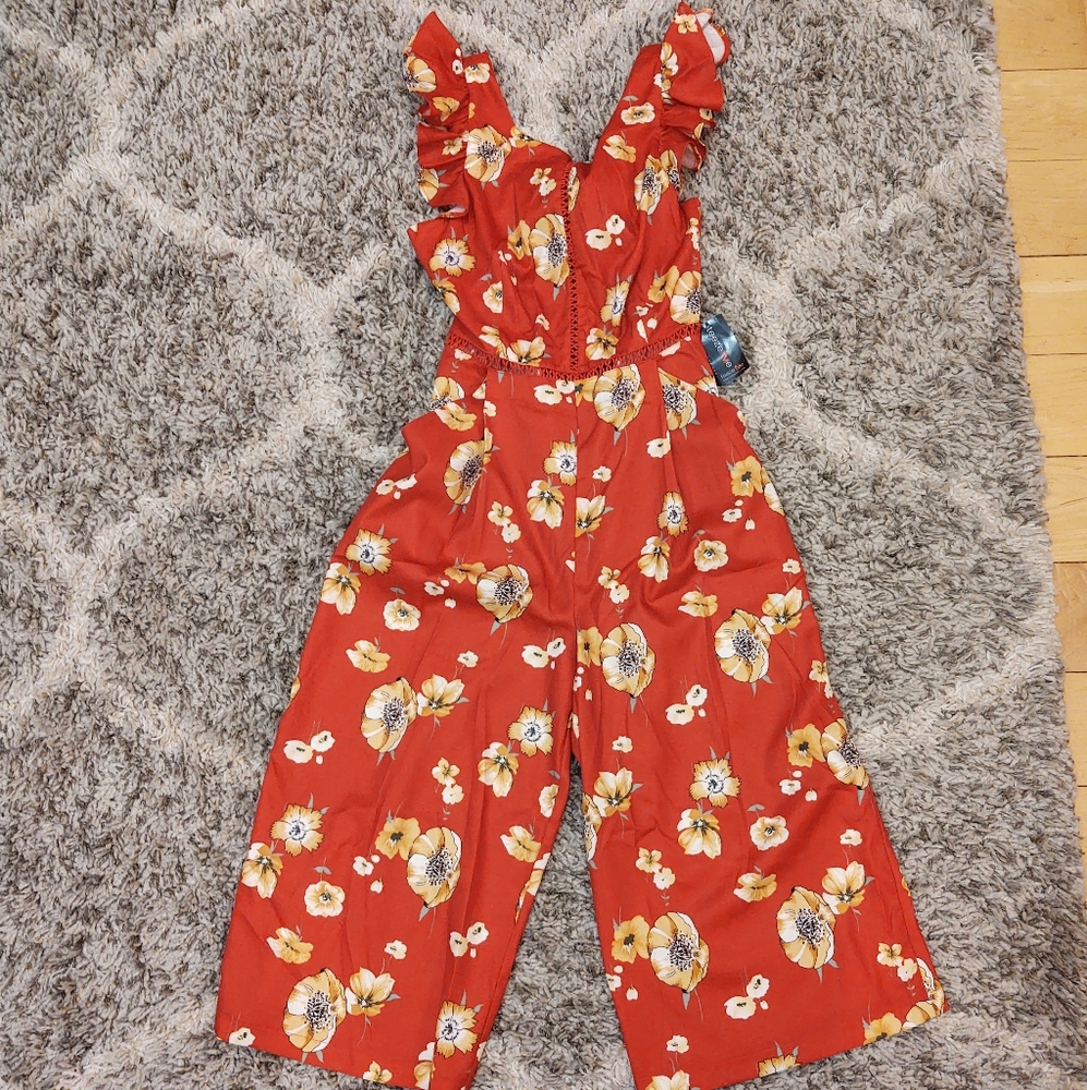 Teeze Me Orange Poppy Flower Jumpsuit